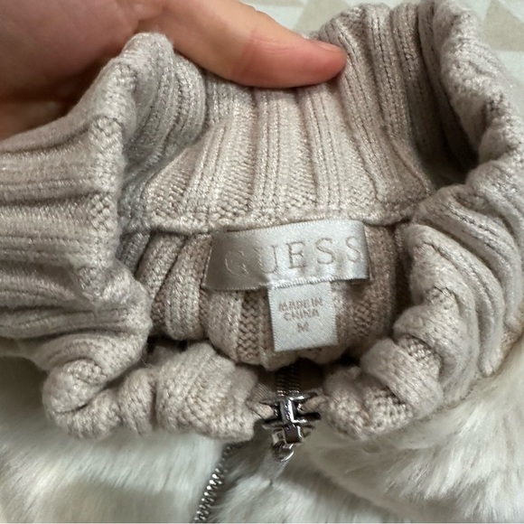 Guess Women's Long Sleeve Fur Mix Zip Front Mila Cardigan Pearl oyster - Picture 6 of 7